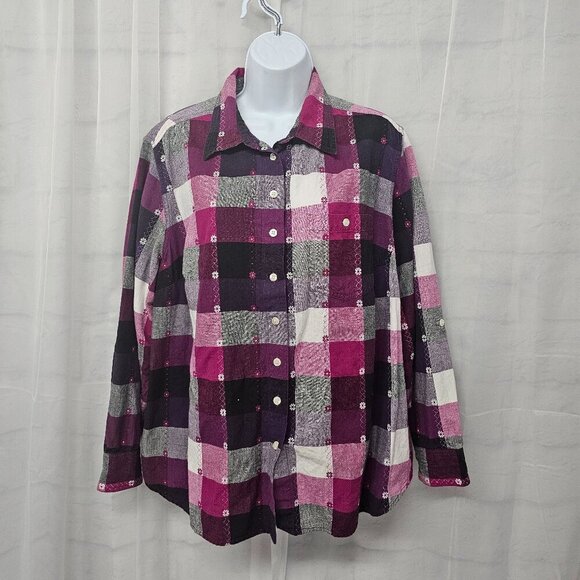 Liz Claiborne Purple Black Patchwork Floral Blouse Roll Tab Boho Preppy Retro 1X - Picture 1 of 14